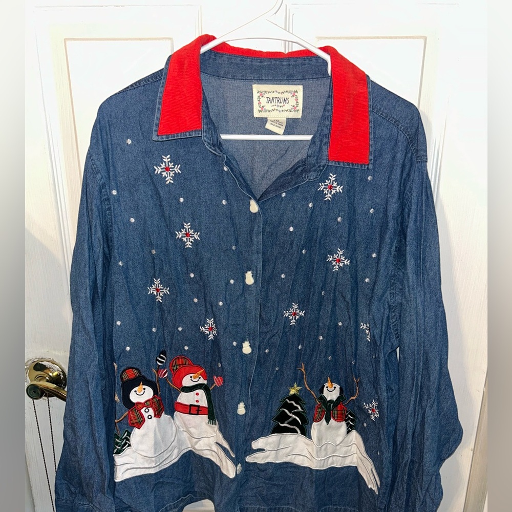Vtg Tantrums XXL Denim Embroidered Christmas Shirt Corduroy CollarSnowman Button - Picture 3 of 5